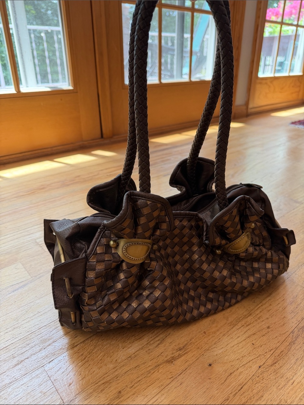 Woven Dark Brown Leather Shoulder Bag with Braided Straps